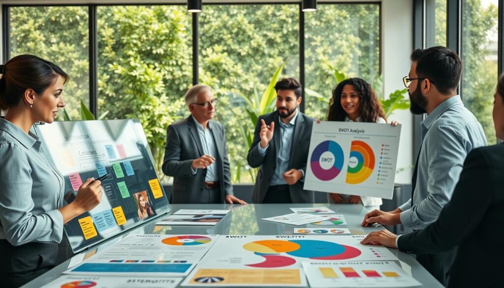 A modern office setting with a diverse group of professionals collaborating around a sleek table covered with colorful SWOT analysis charts. In the foreground, a confident woman in professional attire writing on a glass board filled with strategic notes and ideas. In the middle, a man gesturing enthusiastically while pointing at a vibrant pie chart, depicting strengths and opportunities. Lush greenery is visible through large windows in the background, adding a fresh ambiance. The scene is well-lit with natural light streaming in, emphasizing the focus and energy of the discussion. Shot on Sony A7R IV 70mm, creating a clearly defined and sharp image, with a polarized filter enhancing the colors, capturing an atmosphere of innovation and teamwork.
