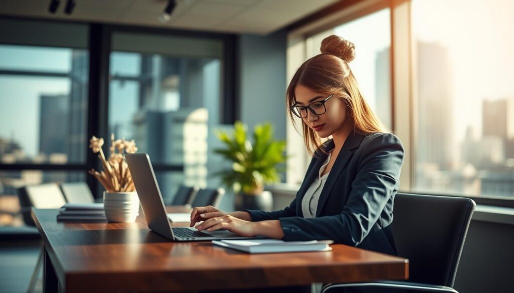 A modern office setting with a young professional woman in an elegant, business-casual outfit, sitting at a sleek wooden desk. She is carefully reviewing job search tips on a laptop, surrounded by neatly arranged documents and a stylish potted plant. In the background, a large window reveals a vibrant cityscape, with soft sunlight streaming in, creating a warm and inviting atmosphere. The focus is sharp, highlighting the subject's concentration and determination. The composition is framed with a 70mm lens, providing a sense of depth to the scene, and capturing the essence of a proactive job search. The image conveys encouragement and professionalism, embodying effective job-hunting strategies in an urban environment. A modern office setting with a young professional woman in an elegant, business-casual outfit, sitting at a sleek wooden desk. She is carefully reviewing job search tips on a laptop, surrounded by neatly arranged documents and a stylish potted plant. In the background, a large window reveals a vibrant cityscape, with soft sunlight streaming in, creating a warm and inviting atmosphere. The focus is sharp, highlighting the subject's concentration and determination. The composition is framed with a 70mm lens, providing a sense of depth to the scene, and capturing the essence of a proactive job search. The image conveys encouragement and professionalism, embodying effective job-hunting strategies in an urban environment.