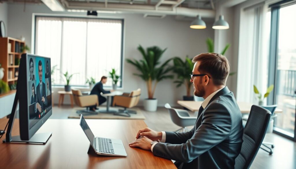 A modern office space featuring both remote and in-office work elements. In the foreground, a well-dressed professional in business attire is on a video call at a sleek desk, while another person is collaborating in a cozy, stylish meeting area. The middle section showcases a large window with natural light flooding in, creating an inviting atmosphere. In the background, a contemporary office design with ergonomic furniture and plants enhances a productive vibe. The scene captures both advantages and disadvantages of hybrid work: flexibility and comfort versus potential isolation. The image is shot on a Sony A7R IV with a 70mm lens, ensuring clarity and sharp focus, complemented by a polarized filter for vibrant colors. The overall mood feels dynamic, illustrating the balance of professional life in a hybrid working environment. A modern office space featuring both remote and in-office work elements. In the foreground, a well-dressed professional in business attire is on a video call at a sleek desk, while another person is collaborating in a cozy, stylish meeting area. The middle section showcases a large window with natural light flooding in, creating an inviting atmosphere. In the background, a contemporary office design with ergonomic furniture and plants enhances a productive vibe. The scene captures both advantages and disadvantages of hybrid work: flexibility and comfort versus potential isolation. The image is shot on a Sony A7R IV with a 70mm lens, ensuring clarity and sharp focus, complemented by a polarized filter for vibrant colors. The overall mood feels dynamic, illustrating the balance of professional life in a hybrid working environment.