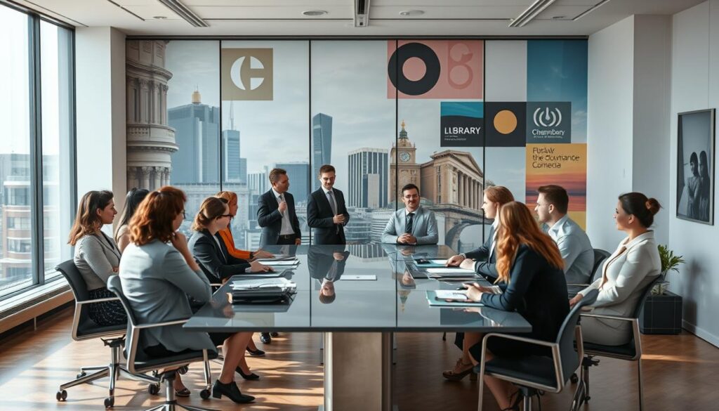 A modern office space illustrating the concept of "staatsferne Körperschaften." In the foreground, a group of diverse professionals in business attire are engaged in discussion around a sleek conference table with documents and digital devices. In the middle, a large glass window reveals a vibrant cityscape, symbolizing independence from the state. The background features an abstract mural with images of various public-benefit organizations, such as a library and a chamber of commerce. The scene is well-lit with natural light streaming in, creating a bright and productive atmosphere. The composition is shot on a Sony A7R IV at 70mm with a polarized filter, ensuring sharp focus and clarity, emphasizing the professional setting.