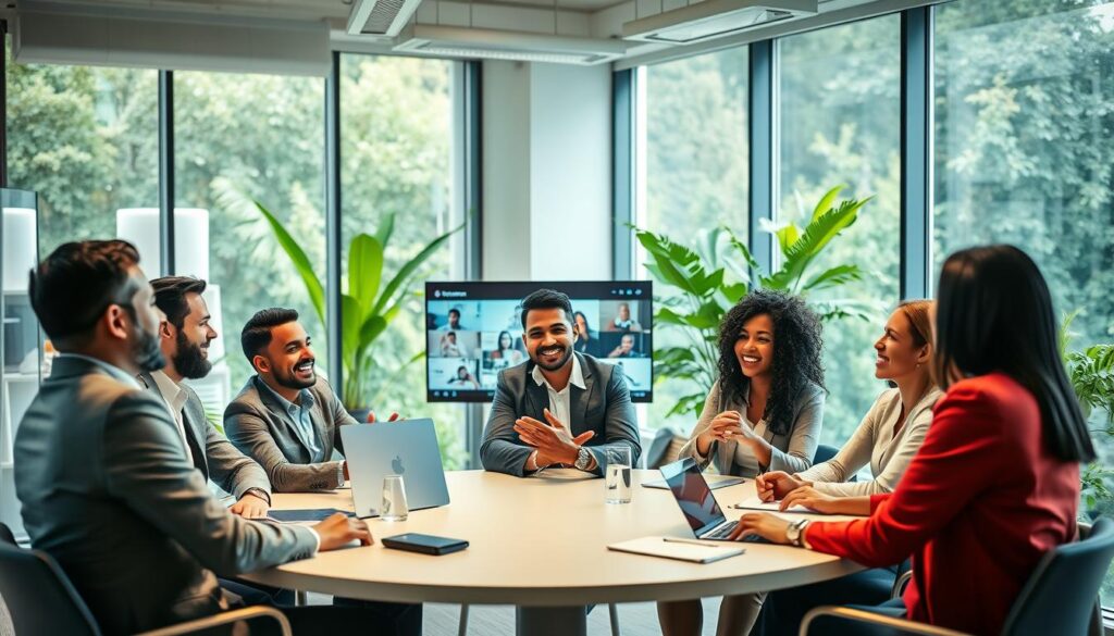 A modern office space showcasing cooperative leadership in action. In the foreground, a diverse group of professionals—men and women of various ethnicities—are engaged in an animated discussion around a round table, dressed in smart business attire. The middle ground features screens displaying collaborative digital tools, such as project management software and virtual brainstorming sessions. Soft, natural light filters through large windows, casting a warm glow over the workspace. In the background, vibrant greenery is visible, adding a touch of nature to the corporate environment. The overall atmosphere is dynamic and inclusive, reflecting teamwork and innovation. The image is shot with a Sony A7R IV at 70mm, ensuring sharp focus and clarity, with a polarized filter enhancing the colors.