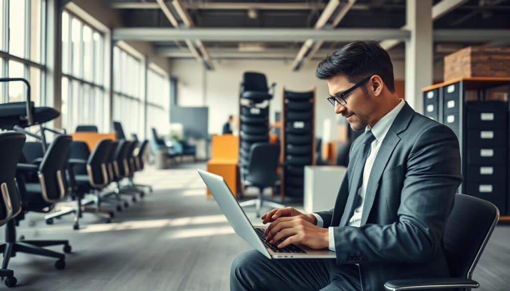 A modern office space undergoing dissolution, showcasing a neat arrangement of office furniture being carefully evaluated. In the foreground, a professional business person in smart attire, using a laptop, analyzing a clearly defined pricing chart and cost breakdown displayed on the screen. In the middle, stacks of chairs and desks are organized for donation or sale, with labels indicating their pricing. The background features a well-lit area with large windows allowing natural light to stream in, creating a bright and inviting atmosphere. The image captures a sense of professionalism and transparency in cost management, shot with a Sony A7R IV at 70mm, clearly focused with sharp details, and utilizing a polarized filter for enhanced clarity.