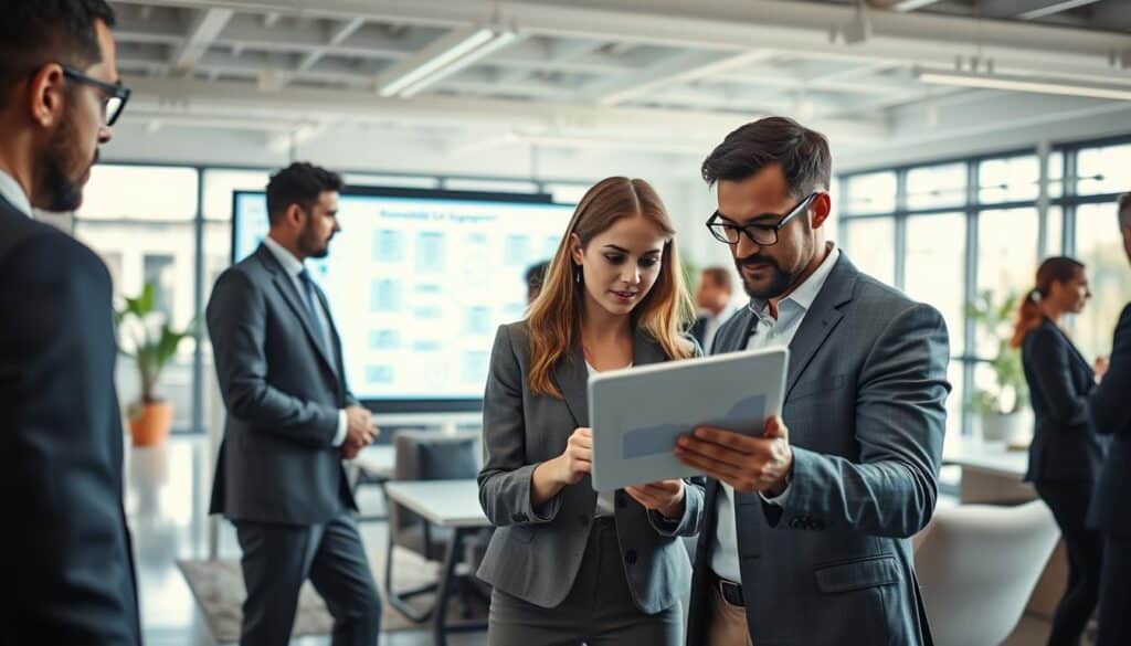 A modern office space where professionals collaborate on knowledge management, showcasing a diverse group of individuals in business attire engaged in discussions around digital devices and documents. In the foreground, a woman and a man analyze a digital chart on a tablet, with clear expressions of focus and teamwork. The middle ground displays a large interactive whiteboard filled with diagrams and flowcharts about knowledge capture and distribution. The background features a well-lit, open-plan workspace with contemporary furniture and large windows allowing natural light to create an inviting atmosphere. Shot on a Sony A7R IV at 70mm with a polarized filter, ensuring sharp focus and vibrant details. The mood is innovative and dynamic, emphasizing collaboration in information management. A modern office space where professionals collaborate on knowledge management, showcasing a diverse group of individuals in business attire engaged in discussions around digital devices and documents. In the foreground, a woman and a man analyze a digital chart on a tablet, with clear expressions of focus and teamwork. The middle ground displays a large interactive whiteboard filled with diagrams and flowcharts about knowledge capture and distribution. The background features a well-lit, open-plan workspace with contemporary furniture and large windows allowing natural light to create an inviting atmosphere. Shot on a Sony A7R IV at 70mm with a polarized filter, ensuring sharp focus and vibrant details. The mood is innovative and dynamic, emphasizing collaboration in information management.