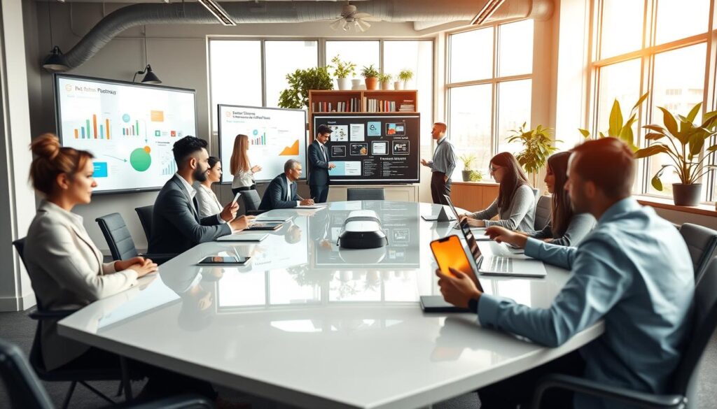 A modern office workspace designed to enhance team collaboration. In the foreground, a sleek, polished conference table surrounded by diverse professionals in business attire, actively discussing ideas and using digital devices. In the middle, interactive whiteboards and digital projectors displaying colorful charts and collaboration tools. Bright, natural light floods the room through large windows, creating a vibrant atmosphere. The background features shelves filled with books and plants, adding a touch of warmth. Captured with a Sony A7R IV at 70mm, the image is sharply defined with a focus on the team’s engagement, while a polarized filter enhances colors and contrasts, conveying an atmosphere of creativity and teamwork.