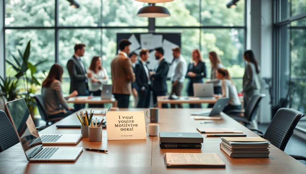A modern office workspace illustrating the impact of workplace conditions on motivation. In the foreground, a well-organized desk with a laptop, stationery, and a motivational poster subtly displayed. In the middle, a diverse group of professionals, dressed in business attire, engaged in collaborative discussions, some sitting and others standing, showing a sense of teamwork. The background features large windows allowing natural light to flood in, with a view of greenery outside, creating a fresh and inspiring atmosphere. Soft, warm lighting enhances the scene, emphasizing a positive and motivating environment. Shot on a Sony A7R IV with a 70mm lens for clarity, using a polarized filter to enrich colors and details, focusing on the interplay between the individuals and their surroundings.