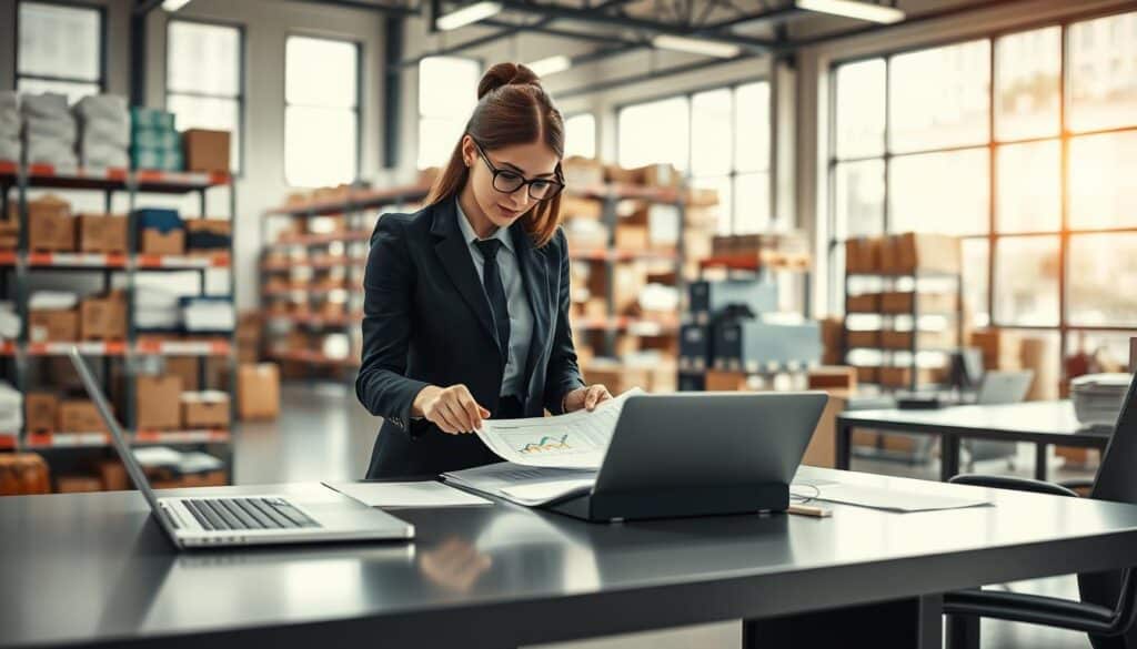 A modern, organized office environment focused on the theme of "Prerequisites for Conducting Permanent Inventory." In the foreground, a professional businesswoman in formal attire is examining inventory sheets on a sleek desk, with a laptop displaying data analytics beside her. In the middle ground, shelves filled with neatly arranged products and stock items create an organized warehouse feel. The background features large windows with natural light pouring in, illuminating the space and enhancing the atmosphere of productivity and professionalism. The image captures a sense of efficiency and order, symbolizing the systematic approach needed for permanent inventory management. Shot on a Sony A7R IV at 70mm, the image is sharply defined with a polarized filter, creating vivid colors and clear details.