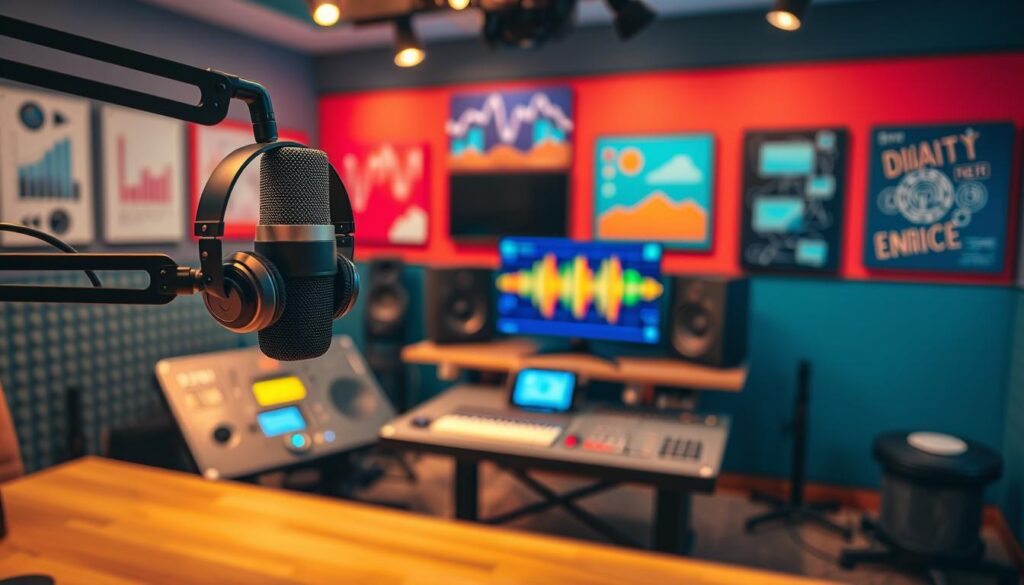A modern podcast studio, featuring a sleek microphone and high-quality headphones in the foreground, representing a professional setup. In the middle, an array of audio equipment, including a mixing console, sound panels, and a few colorful soundwave visuals displayed on a screen. The background showcases soundproof walls adorned with vibrant artwork related to digital marketing, such as graphs and digital icons. Soft, warm lighting envelops the scene, creating an inviting and creative atmosphere. Shot with a Sony A7R IV at 70mm, the focus is sharp and clearly defined, enhanced by a polarized filter to reduce glare and bring out rich colors. The overall mood is dynamic and innovative, reflecting the essence of podcasts in the digital marketing landscape. A modern podcast studio, featuring a sleek microphone and high-quality headphones in the foreground, representing a professional setup. In the middle, an array of audio equipment, including a mixing console, sound panels, and a few colorful soundwave visuals displayed on a screen. The background showcases soundproof walls adorned with vibrant artwork related to digital marketing, such as graphs and digital icons. Soft, warm lighting envelops the scene, creating an inviting and creative atmosphere. Shot with a Sony A7R IV at 70mm, the focus is sharp and clearly defined, enhanced by a polarized filter to reduce glare and bring out rich colors. The overall mood is dynamic and innovative, reflecting the essence of podcasts in the digital marketing landscape.