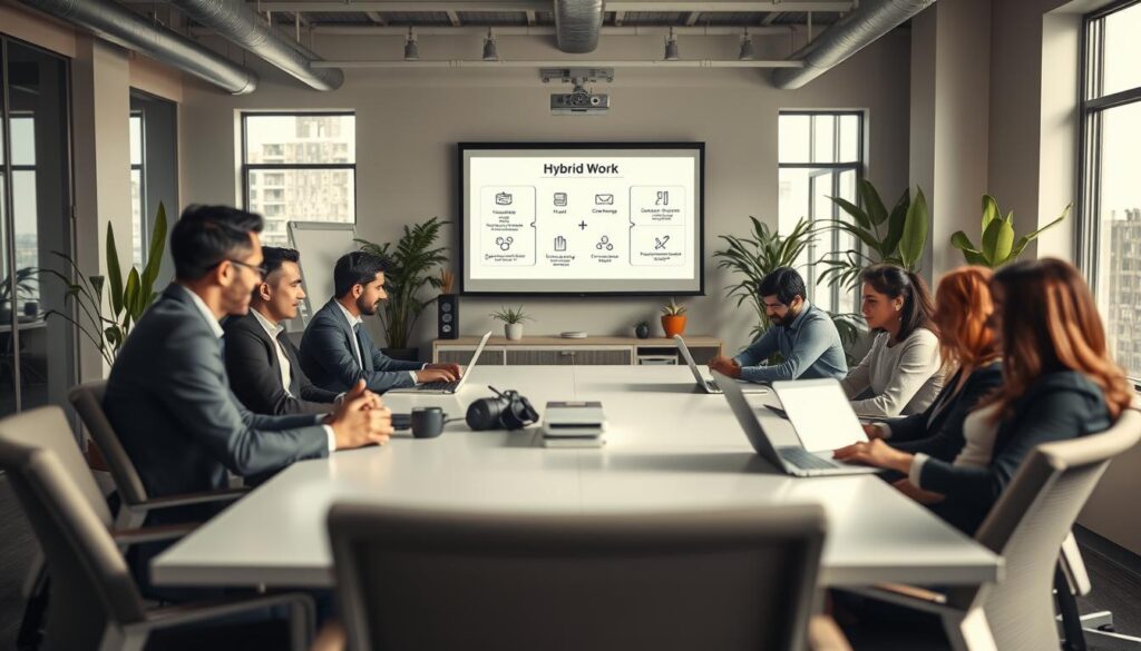 A modern, professional workspace illustrating the success factors of hybrid work. In the foreground, a diverse group of business professionals engaged in a collaboration, dressed in smart casual attire, seated around a sleek conference table with laptops and digital devices. The middle layer features ergonomic office furniture, with a projector displaying key concepts of hybrid work on a whiteboard, surrounded by plants for a lively touch. The background shows large windows with natural light streaming in, creating an open feel. The atmosphere is energetic and focused, symbolizing productivity and teamwork. Shot on a Sony A7R IV 70mm, clearly focused and sharply defined with a polarized filter to enhance the brightness and clarity of the scene. A modern, professional workspace illustrating the success factors of hybrid work. In the foreground, a diverse group of business professionals engaged in a collaboration, dressed in smart casual attire, seated around a sleek conference table with laptops and digital devices. The middle layer features ergonomic office furniture, with a projector displaying key concepts of hybrid work on a whiteboard, surrounded by plants for a lively touch. The background shows large windows with natural light streaming in, creating an open feel. The atmosphere is energetic and focused, symbolizing productivity and teamwork. Shot on a Sony A7R IV 70mm, clearly focused and sharply defined with a polarized filter to enhance the brightness and clarity of the scene.