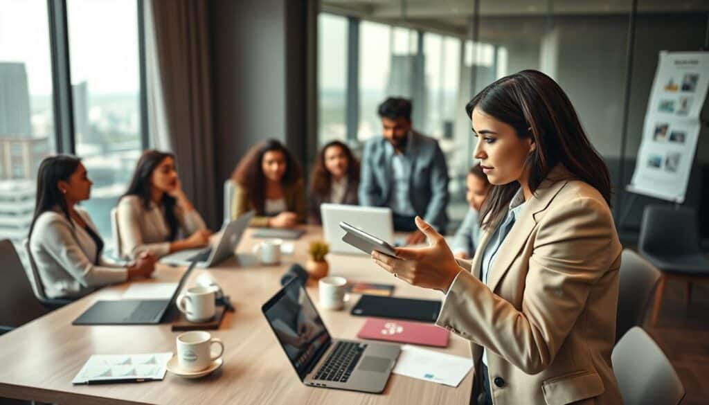 A modern, sleek office environment with a diverse group of professional influencers engaged in a brainstorming session. In the foreground, a focused young woman in business attire gestures as she presents her ideas on a digital tablet. In the middle, colleagues of various ethnicities collaborate around a conference table filled with laptops, coffee cups, and marketing materials. The background showcases a large window with a city skyline, letting in soft, natural light that enhances the atmosphere of creativity and innovation. The scene captures a balance of teamwork and professionalism, shot with a Sony A7R IV at 70mm, ensuring sharp definition and clarity. The mood is dynamic yet focused, reflecting the economic impact influencers have in today's market.