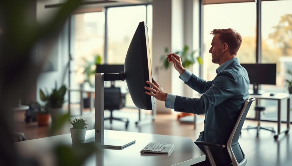 A modern workplace featuring an ergonomic setup focused on monitor height adjustment. In the foreground, a professional in smart casual attire is actively adjusting the height of a computer monitor on a sleek desk, demonstrating proper alignment with their seated posture. In the middle ground, a spacious office setup with potted plants and a large window allowing natural light to flood the room, creating a calm and inviting atmosphere. The background includes a blurred view of another workstation, emphasizing a productive work environment. Shot with a Sony A7R IV 70mm lens, clearly focused with sharp details, and enhanced with a polarized filter to accentuate the natural light and colors. The overall mood is professional, encouraging a healthy work-life balance with an emphasis on proper body posture.