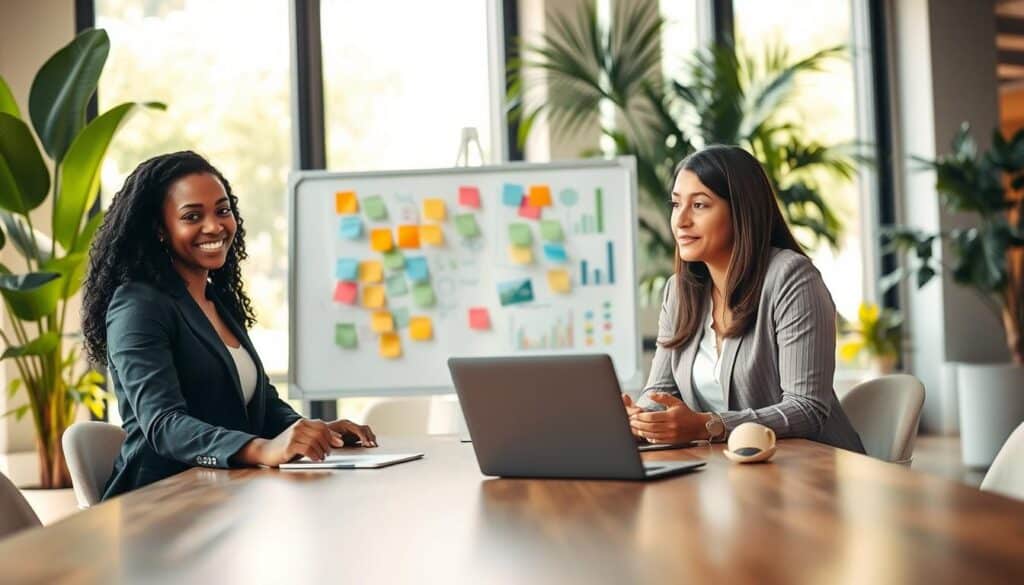 A modern workplace scene emphasizing appreciation and teamwork. In the foreground, a diverse group of three colleagues—a Black woman, a South Asian man, and a Caucasian woman—are engaged in a collaborative discussion around a conference table, all dressed in professional business attire. In the middle, a whiteboard filled with colorful post-it notes and diagrams symbolizes brainstorming and productivity, while a laptop displays graphs and data. The background shows a bright office space filled with green plants and natural light streaming through large windows, creating a warm and inviting atmosphere. Shot on a Sony A7R IV at 70mm, the image should be clearly focused and sharply defined, using a polarized filter to enhance the colors and details, conveying a mood of positivity and mutual respect. A modern workplace scene emphasizing appreciation and teamwork. In the foreground, a diverse group of three colleagues—a Black woman, a South Asian man, and a Caucasian woman—are engaged in a collaborative discussion around a conference table, all dressed in professional business attire. In the middle, a whiteboard filled with colorful post-it notes and diagrams symbolizes brainstorming and productivity, while a laptop displays graphs and data. The background shows a bright office space filled with green plants and natural light streaming through large windows, creating a warm and inviting atmosphere. Shot on a Sony A7R IV at 70mm, the image should be clearly focused and sharply defined, using a polarized filter to enhance the colors and details, conveying a mood of positivity and mutual respect.