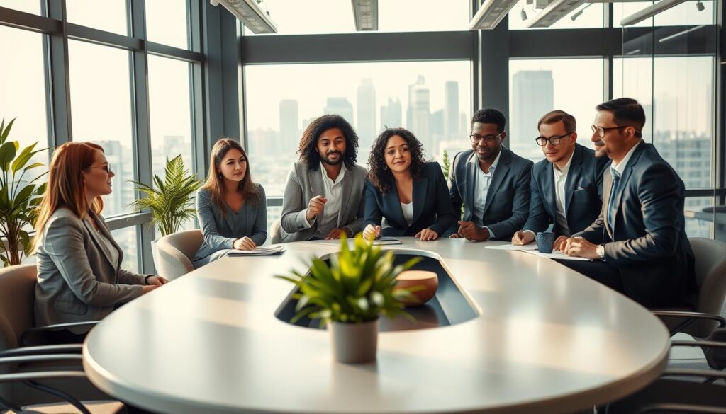 A modern workplace scene showcasing autonomy and responsibility. In the foreground, a diverse group of professionals in smart business attire are engaged in a lively brainstorming session around a sleek, oval conference table. Their expressions reflect focus and creativity. In the middle ground, large windows allow natural light to flood the room, illuminating contemporary furniture and green plants that enhance the atmosphere of innovation. The background features a skyline view, symbolizing ambition and progress. The overall mood is vibrant and dynamic, emphasizing collaboration and individual empowerment. The image is captured with a Sony A7R IV at 70mm, ensuring sharp focus and crisp details, enhanced by a polarizing filter to accentuate the lighting contrast. A modern workplace scene showcasing autonomy and responsibility. In the foreground, a diverse group of professionals in smart business attire are engaged in a lively brainstorming session around a sleek, oval conference table. Their expressions reflect focus and creativity. In the middle ground, large windows allow natural light to flood the room, illuminating contemporary furniture and green plants that enhance the atmosphere of innovation. The background features a skyline view, symbolizing ambition and progress. The overall mood is vibrant and dynamic, emphasizing collaboration and individual empowerment. The image is captured with a Sony A7R IV at 70mm, ensuring sharp focus and crisp details, enhanced by a polarizing filter to accentuate the lighting contrast.