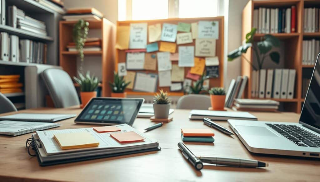 A modern workspace desk scene featuring diverse organizational tools for self-management. In the foreground, a sleek planner lies open, with neatly arranged sticky notes and a high-quality pen beside it. A digital tablet displaying productivity apps is propped up near a laptop. In the middle ground, a tidy corkboard displays a colorful array of task lists and motivational quotes. Potted plants add a touch of greenery, enhancing the atmosphere of inspiration. The background includes shelves filled with neatly organized books and files, bathed in soft, natural light filtering through a window. The warm ambiance creates a calm, productive vibe, shot on a Sony A7R IV at 70mm with a polarized filter for crisp details. A modern workspace desk scene featuring diverse organizational tools for self-management. In the foreground, a sleek planner lies open, with neatly arranged sticky notes and a high-quality pen beside it. A digital tablet displaying productivity apps is propped up near a laptop. In the middle ground, a tidy corkboard displays a colorful array of task lists and motivational quotes. Potted plants add a touch of greenery, enhancing the atmosphere of inspiration. The background includes shelves filled with neatly organized books and files, bathed in soft, natural light filtering through a window. The warm ambiance creates a calm, productive vibe, shot on a Sony A7R IV at 70mm with a polarized filter for crisp details.