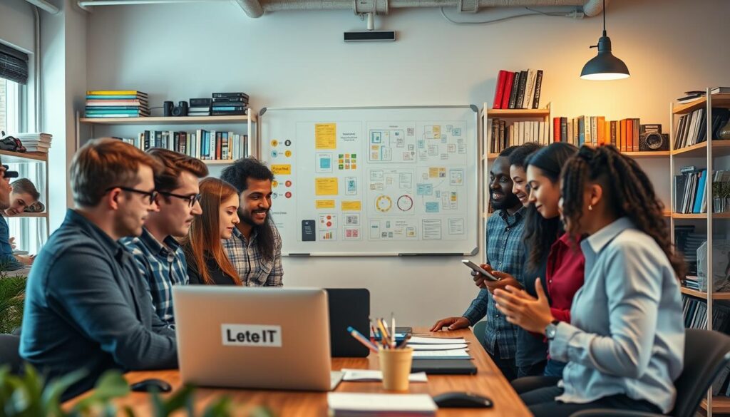 A modern workspace filled with innovative technology and learning tools. In the foreground, a diverse group of individuals in smart casual attire is engaged in a discussion around a laptop, with visible coding and graphics on the screen. In the middle, a large whiteboard displays colorful diagrams and charts related to IT competencies. In the background, shelves are filled with programming books and tech gadgets, creating an atmosphere of learning and exploration. The lighting is bright and inviting, suggesting a productive environment. The shot is taken with a Sony A7R IV at 70mm, clearly focused on the group, with a sharply defined depth of field and a polarized filter enhancing colors and clarity. The mood is one of collaboration and motivation, emphasizing the journey of acquiring IT skills. A modern workspace filled with innovative technology and learning tools. In the foreground, a diverse group of individuals in smart casual attire is engaged in a discussion around a laptop, with visible coding and graphics on the screen. In the middle, a large whiteboard displays colorful diagrams and charts related to IT competencies. In the background, shelves are filled with programming books and tech gadgets, creating an atmosphere of learning and exploration. The lighting is bright and inviting, suggesting a productive environment. The shot is taken with a Sony A7R IV at 70mm, clearly focused on the group, with a sharply defined depth of field and a polarized filter enhancing colors and clarity. The mood is one of collaboration and motivation, emphasizing the journey of acquiring IT skills.