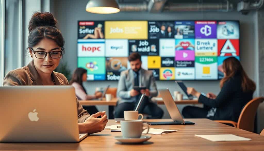 A modern workspace showcasing a diverse group of professionals engaging with job search platforms on their laptops and tablets. In the foreground, a woman in professional business attire is focused on her screen, with a soft glow from her laptop illuminating her thoughtful expression. In the middle ground, a man in smart casual wear is discussing job opportunities with a colleague, surrounded by coffee cups and notes. The background features a wall-mounted screen displaying various job boards and online platforms, with vibrant colors symbolizing hope and opportunity. The ambiance is bright and optimistic, reflecting a collaborative atmosphere. Shot on a Sony A7R IV, 70mm, with a polarized filter for rich colors and sharp definition.