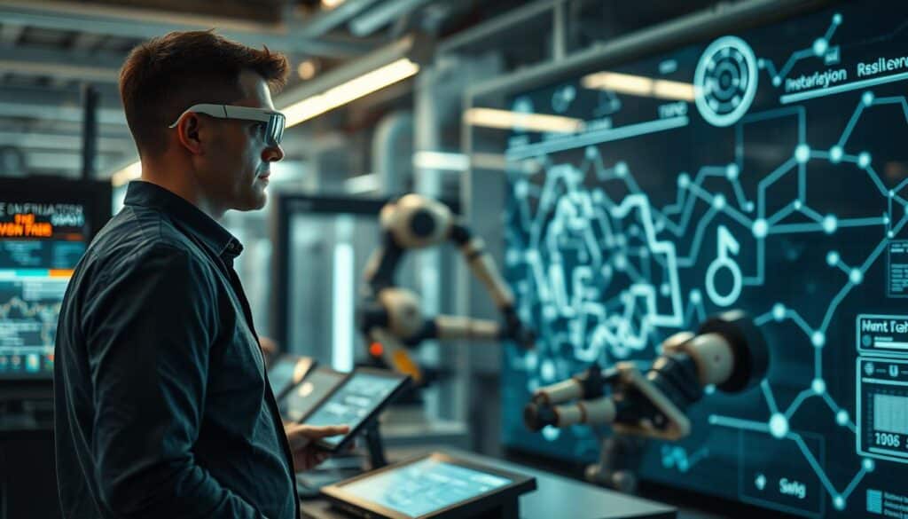 A modern workspace showcasing the impact of cyber-physical systems (CPS) on human labor. In the foreground, a professional wearing smart casual attire interacts with advanced technology, such as augmented reality glasses and interactive displays, illustrating the integration of digital and physical environments. The middle ground features futuristic machinery and robotic arms working alongside human operators, highlighting collaborative efforts in productivity. The background displays a sleek, digital control panel with analytical data visualizations and connecting lines symbolizing a networked world. The image is illuminated by soft, ambient lighting that creates a focused yet innovative atmosphere. Shot on a Sony A7R IV at 70mm, the scene is sharply defined and vibrant, capturing the complexities and new stress factors introduced by CPS in the workplace. A modern workspace showcasing the impact of cyber-physical systems (CPS) on human labor. In the foreground, a professional wearing smart casual attire interacts with advanced technology, such as augmented reality glasses and interactive displays, illustrating the integration of digital and physical environments. The middle ground features futuristic machinery and robotic arms working alongside human operators, highlighting collaborative efforts in productivity. The background displays a sleek, digital control panel with analytical data visualizations and connecting lines symbolizing a networked world. The image is illuminated by soft, ambient lighting that creates a focused yet innovative atmosphere. Shot on a Sony A7R IV at 70mm, the scene is sharply defined and vibrant, capturing the complexities and new stress factors introduced by CPS in the workplace.