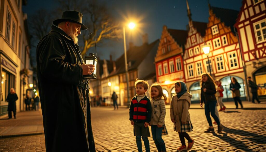 A night scene in Osnabrück showcasing a friendly night watchman guiding a small group of children on a historical tour. Foreground features the watchman in traditional historical attire, including a dark cloak and a lantern, warmly interacting with the kids, who are dressed in modest casual clothing. In the middle ground, cobblestone streets illuminated by softly glowing street lamps create a cozy atmosphere. Background includes historic buildings with distinct architecture, under a starlit sky. The image captures a sense of adventure and curiosity, with the light from the lantern casting warm highlights and shadows. Shot on a Sony A7R IV at 70mm, clearly focused and sharply defined, enhanced with a polarized filter for vibrant colors and contrast, evoking a magical moment in history.