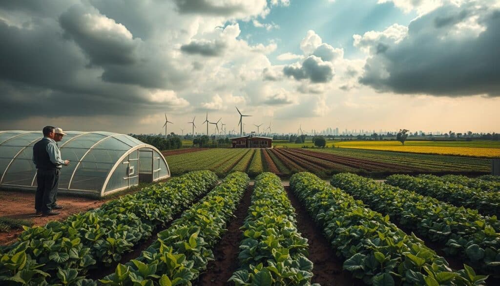 A panoramic view of a diverse agricultural landscape impacted by climate change, showcasing fields of crops in various stages of growth, with a futuristic greenhouse structure in the foreground. Include farmers in professional attire, examining vibrant plants, under a dramatic sky filled with clouds that hint at upcoming storms, emphasizing the economic challenges posed by the greenhouse effect. In the middle ground, illustrate a small corporate office building with wind turbines and solar panels, symbolizing companies adapting to climate effects. The background features a distant city skyline, partially obscured by haze. Use soft, natural lighting to enhance the mood, shot on a Sony A7R IV 70mm for a clear and sharply defined image with a polarized filter to reduce glare.