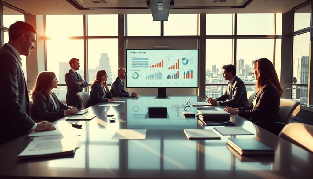 A panoramic view of a modern office space showcasing a collaborative meeting among a diverse group of professionals dressed in smart business attire, engaged in discussing successful case studies. In the foreground, a large, sleek conference table is filled with documents, graphs, and digital devices. The middle ground features a large screen displaying compelling visuals of project implementations and charts. In the background, large windows reveal a bright, sunny day with cityscape views. Soft, natural light filters through the windows, creating a warm and inviting atmosphere. The composition is sharply focused, shot with a Sony A7R IV at 70mm using a polarized filter, capturing the essence of teamwork and innovation. The overall mood is one of optimism and professionalism, reflecting the theme of harmony in planning.