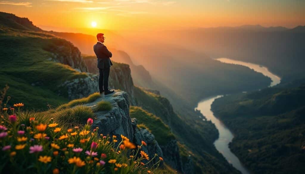 A person in professional business attire standing confidently at the edge of a lush, green cliff, overlooking a breathtaking, expansive landscape at sunrise, representing change and opportunity. In the foreground, vibrant wildflowers bloom, symbolizing growth and new perspectives. The middle ground features a winding river flowing through a valley, reflecting the golden hues of the sun, while distant mountains rise majestically, their peaks kissed by the light of dawn. The atmosphere is hopeful and inspiring, emphasizing the potential of embracing change. The image is captured with a Sony A7R IV at 70mm, ensuring clear focus and sharp details, enhanced by a polarized filter to intensify colors and contrast in the scene. A person in professional business attire standing confidently at the edge of a lush, green cliff, overlooking a breathtaking, expansive landscape at sunrise, representing change and opportunity. In the foreground, vibrant wildflowers bloom, symbolizing growth and new perspectives. The middle ground features a winding river flowing through a valley, reflecting the golden hues of the sun, while distant mountains rise majestically, their peaks kissed by the light of dawn. The atmosphere is hopeful and inspiring, emphasizing the potential of embracing change. The image is captured with a Sony A7R IV at 70mm, ensuring clear focus and sharp details, enhanced by a polarized filter to intensify colors and contrast in the scene.