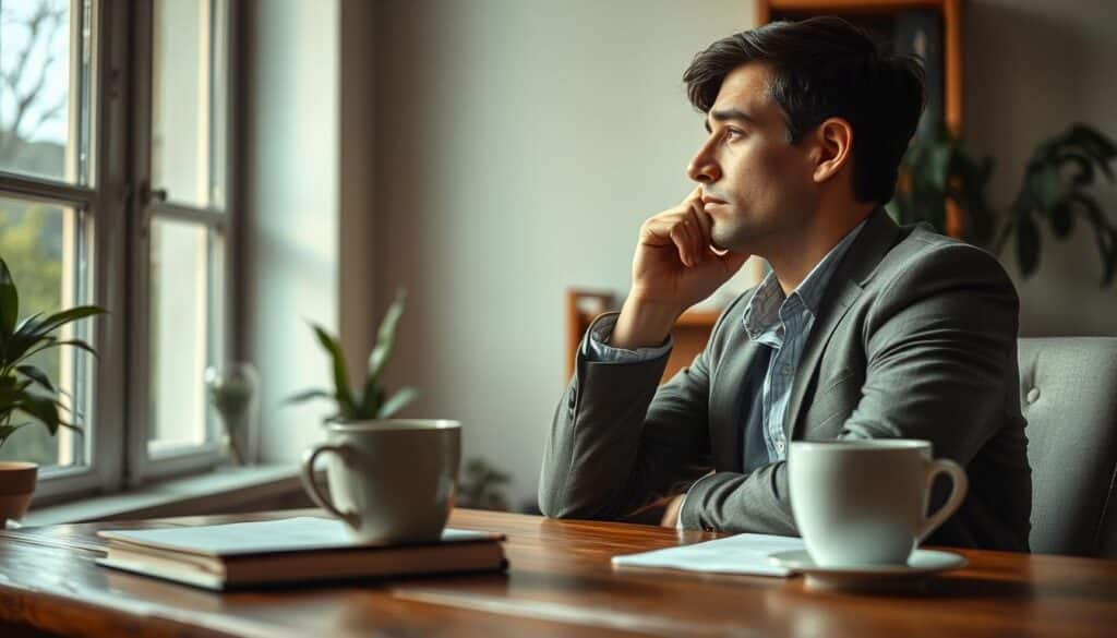 A person sitting at a wooden desk in a softly lit room, reflecting deeply in a moment of self-reflection. The foreground features a journal and a coffee cup, emphasizing introspection. In the middle ground, the individual, dressed in smart casual attire, gazes thoughtfully out of a window, with a slight furrow in their brow, highlighting their emotional contemplation. The background shows a serene and uncluttered space, with plants and muted colors, creating a calming atmosphere. The lighting is warm and inviting, casting soft shadows that enhance the mood. The scene is captured using a Sony A7R IV at 70mm, with sharp focus and a polarized filter to emphasize clarity and depth, evoking a sense of quiet introspection and emotional insight.
