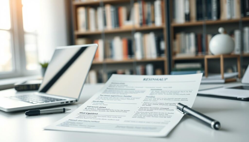 A professional Lebenslauf format layout displayed on a clean, modern desktop. In the foreground, an elegantly designed résumé with clearly defined sections for personal details, skills, and work experience, all organized in a neat, user-friendly format. The middle ground features a well-lit workspace with a laptop and a sleek pen beside the résumé, creating an inviting atmosphere for job-seeking. The background includes a softly blurred bookshelf filled with business books, enhancing the professional setting. The image is bright and airy, captured with a Sony A7R IV at 70mm, ensuring a crisp focus and vivid colors. The scene conveys a sense of professionalism and clarity, emphasizing the importance of choosing the right format for presenting competencies. A professional Lebenslauf format layout displayed on a clean, modern desktop. In the foreground, an elegantly designed résumé with clearly defined sections for personal details, skills, and work experience, all organized in a neat, user-friendly format. The middle ground features a well-lit workspace with a laptop and a sleek pen beside the résumé, creating an inviting atmosphere for job-seeking. The background includes a softly blurred bookshelf filled with business books, enhancing the professional setting. The image is bright and airy, captured with a Sony A7R IV at 70mm, ensuring a crisp focus and vivid colors. The scene conveys a sense of professionalism and clarity, emphasizing the importance of choosing the right format for presenting competencies.