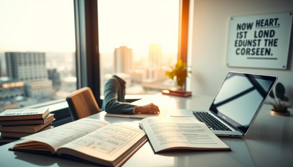 A professional adult sitting at a sleek, modern desk in a bright, airy office space, surrounded by books and a laptop displaying educational courses. The foreground features an open textbook, with diagrams and notes, symbolizing learning and growth. In the middle ground, a window reveals a sunny cityscape, suggesting a new horizon and opportunities. The background showcases a motivational poster on the wall, emphasizing personal development. The scene is softly illuminated by natural light streaming in, creating an inspiring and hopeful atmosphere. Shot on a Sony A7R IV 70mm, the image is clearly focused and sharply defined, enhanced by a polarized filter for vibrant colors.