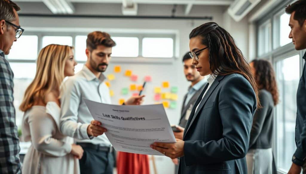 A professional and dynamic workspace featuring a diverse group of individuals engaged in a collaborative discussion about skills and qualifications. In the foreground, a well-dressed woman and a man in smart casual attire are reviewing a document with bullet points that summarize key steps for listing skills effectively. The middle layer showcases a large whiteboard filled with colorful sticky notes and diagrams illustrating the process. In the background, soft daylight filters through large windows, creating a bright and inviting atmosphere. The scene is sharply defined, captured with a Sony A7R IV at 70mm, utilizing a polarized filter to enhance contrast and clarity. The mood is focused and productive, reflecting a professional environment dedicated to career development. A professional and dynamic workspace featuring a diverse group of individuals engaged in a collaborative discussion about skills and qualifications. In the foreground, a well-dressed woman and a man in smart casual attire are reviewing a document with bullet points that summarize key steps for listing skills effectively. The middle layer showcases a large whiteboard filled with colorful sticky notes and diagrams illustrating the process. In the background, soft daylight filters through large windows, creating a bright and inviting atmosphere. The scene is sharply defined, captured with a Sony A7R IV at 70mm, utilizing a polarized filter to enhance contrast and clarity. The mood is focused and productive, reflecting a professional environment dedicated to career development.