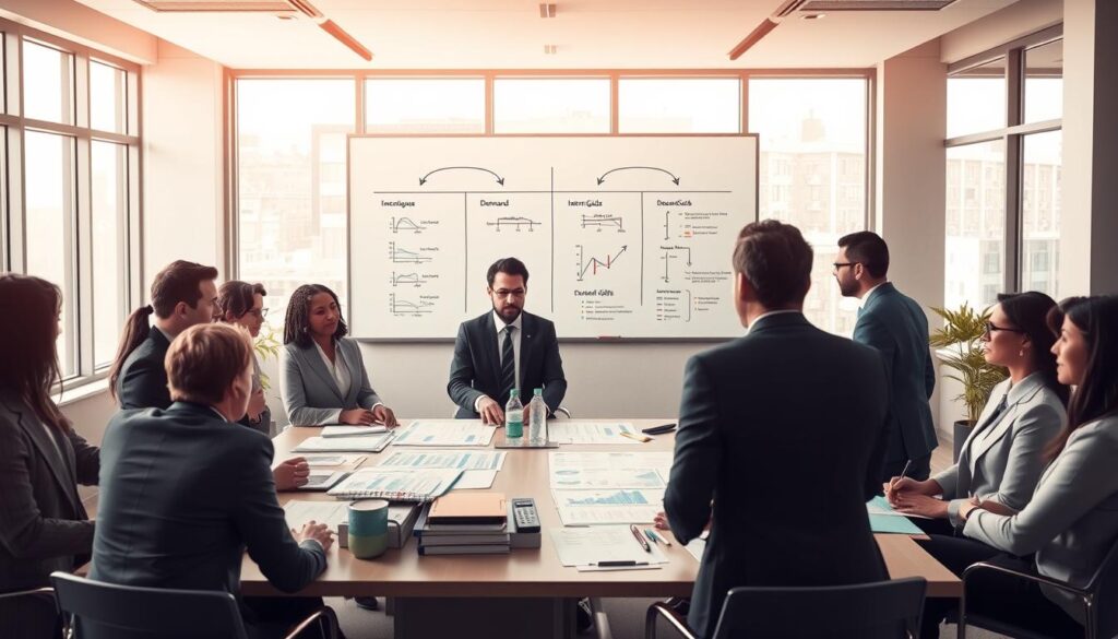 A professional and informative illustration depicting "Consumer Behavior in Response to Income Changes" related to inferior goods. In the foreground, a group of diverse business professionals, dressed in smart business attire, engage in a discussion around a large table filled with charts and graphs that represent income changes and purchasing patterns. In the middle ground, a large whiteboard displays diagrams illustrating the concept of inferior goods, with arrows indicating demand shifts. The background features a contemporary office setting with large windows allowing soft, natural light to fill the room, creating an inviting and intellectual atmosphere. The image is captured with a Sony A7R IV at 70mm, ensuring clarity and sharp definition with a polarized filter for enhanced color vibrancy.