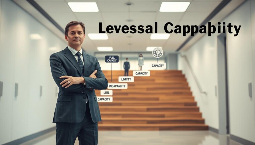 A professional and informative illustration of "Levels of Legal Capacity," focusing on the conceptual framework of different stages. In the foreground, a well-dressed business professional, standing confidently with a thoughtful expression, depicting someone explaining the concept. In the middle ground, various symbolic representations of the levels of legal capacity: a staircase, each step labeled with stages like "Full Capacity," "Limited Capacity," and "Incapacity," visually distinct and engaging. In the background, a bright, modern office environment with soft lighting, emphasizing clarity and professionalism. The image captures a mood of seriousness and understanding, shot on a Sony A7R IV at 70mm, sharply focused and clearly defined with a polarized filter to enhance color and contrast. A professional and informative illustration of "Levels of Legal Capacity," focusing on the conceptual framework of different stages. In the foreground, a well-dressed business professional, standing confidently with a thoughtful expression, depicting someone explaining the concept. In the middle ground, various symbolic representations of the levels of legal capacity: a staircase, each step labeled with stages like "Full Capacity," "Limited Capacity," and "Incapacity," visually distinct and engaging. In the background, a bright, modern office environment with soft lighting, emphasizing clarity and professionalism. The image captures a mood of seriousness and understanding, shot on a Sony A7R IV at 70mm, sharply focused and clearly defined with a polarized filter to enhance color and contrast.