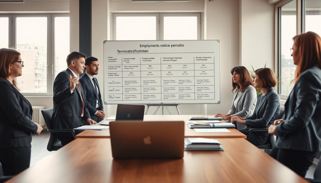 A professional and informative office scene illustrating employment termination notice periods in labor law. In the foreground, a diverse group of three business professionals, dressed in smart business attire, engage in a discussion around a large table filled with documents and a laptop. The middle ground features a whiteboard with charts and timelines about Kündigungsfristen (termination periods) prominently displayed. In the background, large windows let in soft, natural light, creating a bright and open atmosphere that fosters collaboration. The setting is modern and sleek, with warm tones and minimalistic decor. Shot on a Sony A7R IV at 70mm, ensuring a clear focus on the subjects and sharply defined details, enhanced by a polarized filter to reduce glare and enrich colors, evoking a serious but optimistic mood about understanding labor rights.