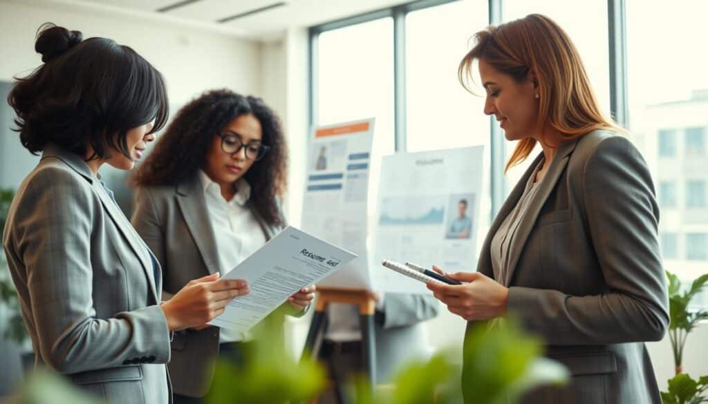 A professional and inviting office space serves as the background, with a large window allowing natural light to flood the room. In the foreground, a diverse group of three job seekers, dressed in smart business attire, engage in a collaborative brainstorming session. One person, a woman of Asian descent, is reviewing a resume on a tablet, while a man of African descent, holding a notepad, shares his insights. Another individual, a woman of Caucasian descent, is pointing toward a vision board filled with career tips and strategies. The atmosphere is optimistic and focused, conveying determination and a sense of teamwork. The image is shot with a Sony A7R IV at 70mm, with clear focus, sharp details, and a polarized filter enhancing the vibrant colors.