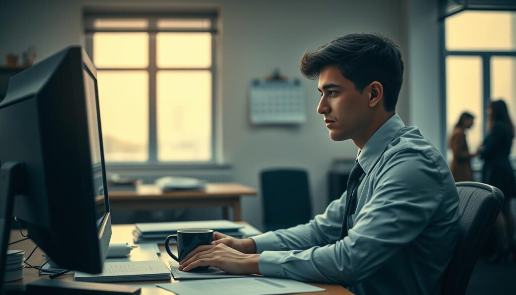 A professional and somber office setting, featuring a young adult sitting at a desk with a computer and documents, symbolizing the concept of voluntary resignation. In the foreground, the person, dressed in smart business attire, gazes thoughtfully at the screen, surrounded by neatly organized paperwork and a coffee cup, conveying a sense of contemplation. In the middle ground, a calendar on the wall highlights the passage of time, while an open window allows soft, natural light to filter in, creating a warm yet serious atmosphere. In the background, blurred silhouettes of coworkers can be seen, emphasizing the environment of a workplace. The overall mood should evoke a blend of introspection and determination, captured in a sharp, detailed image using a Sony A7R IV at 70mm with a polarized filter for clarity and depth.