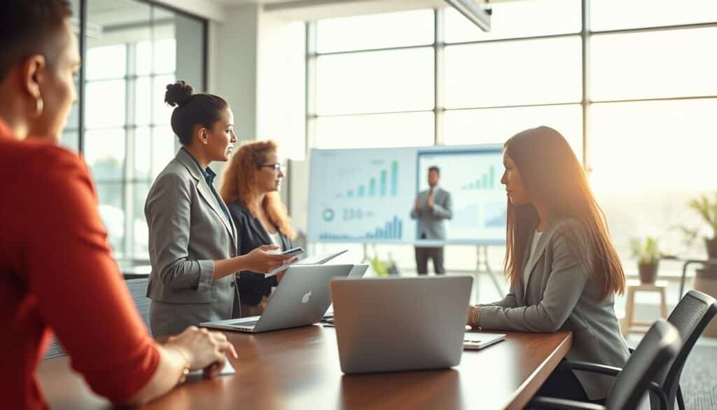 A professional and vibrant office environment depicting individuals engaged in learning and collaboration. In the foreground, a diverse group of three employees in smart business attire discussing a project around a conference table, with laptops and notepads visible. In the middle ground, another employee is presenting data on a large screen, illustrating growth from internships. The background features a bright, modern office with large windows allowing natural light to filter in, enhanced by a soft, warm glow. The atmosphere conveys energy and productivity, emphasizing the importance of experience in skill development. Shot on a Sony A7R IV at 70mm, ensuring clear focus and sharp definition with a polarized filter to enrich colors and eliminate glare.