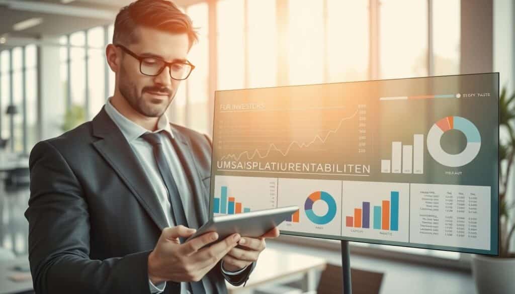 A professional and visually engaging graphic illustrating "Umsatzrentabilität für Investoren." In the foreground, a confident business person in professional attire is reviewing financial charts on a tablet, expressing a sense of focus and insight. In the middle ground, a series of dynamic graphs and pie charts on a sleek digital display emphasize the concepts of profitability and investment metrics. In the background, a modern office environment with large windows allowing natural light to flood in, creating a bright and optimistic atmosphere. The image captures sharp details with a shallow depth of field, shot on a Sony A7R IV at 70mm, with a polarized filter enhancing color vibrancy. The overall mood is one of professionalism, clarity, and strategic insight. A professional and visually engaging graphic illustrating "Umsatzrentabilität für Investoren." In the foreground, a confident business person in professional attire is reviewing financial charts on a tablet, expressing a sense of focus and insight. In the middle ground, a series of dynamic graphs and pie charts on a sleek digital display emphasize the concepts of profitability and investment metrics. In the background, a modern office environment with large windows allowing natural light to flood in, creating a bright and optimistic atmosphere. The image captures sharp details with a shallow depth of field, shot on a Sony A7R IV at 70mm, with a polarized filter enhancing color vibrancy. The overall mood is one of professionalism, clarity, and strategic insight.