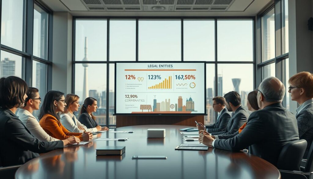 A professional boardroom scene showcasing the role of legal entities in society. In the foreground, a diverse group of corporate professionals in business attire are engaged in a serious discussion around a modern oval conference table, with documents and digital devices in front of them. In the middle ground, an elegant presentation screen displays statistics and visual infographics representing various legal entities like corporations and non-profits. The background features large windows with a city skyline, symbolizing the societal impact of these organizations. The lighting is bright and natural, creating a focused and productive atmosphere. The image should reflect a sense of collaboration and professionalism, captured with a Sony A7R IV at 70mm, ensuring clear focus and sharp detail, enhanced with a polarized filter for vibrant color saturation. A professional boardroom scene showcasing the role of legal entities in society. In the foreground, a diverse group of corporate professionals in business attire are engaged in a serious discussion around a modern oval conference table, with documents and digital devices in front of them. In the middle ground, an elegant presentation screen displays statistics and visual infographics representing various legal entities like corporations and non-profits. The background features large windows with a city skyline, symbolizing the societal impact of these organizations. The lighting is bright and natural, creating a focused and productive atmosphere. The image should reflect a sense of collaboration and professionalism, captured with a Sony A7R IV at 70mm, ensuring clear focus and sharp detail, enhanced with a polarized filter for vibrant color saturation.