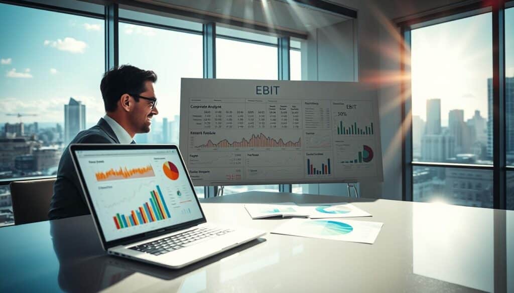 A professional business analyst sitting at a sleek, modern desk, surrounded by charts and graphs that represent EBIT and corporate analysis. In the foreground, a silver laptop is open, displaying a colorful financial dashboard. The middle ground features a large whiteboard filled with calculated figures and market trends, with clear emphasis on EBIT as a key performance metric. The background includes large windows showcasing a city skyline, creating a dynamic and energetic atmosphere. The lighting is bright and inviting, with rays of sunlight filtering through, creating a sense of optimism and focus. Shot on a Sony A7R IV at 70mm, the image is sharply defined with clarity, complemented by a polarized filter for enhanced color vibrancy.