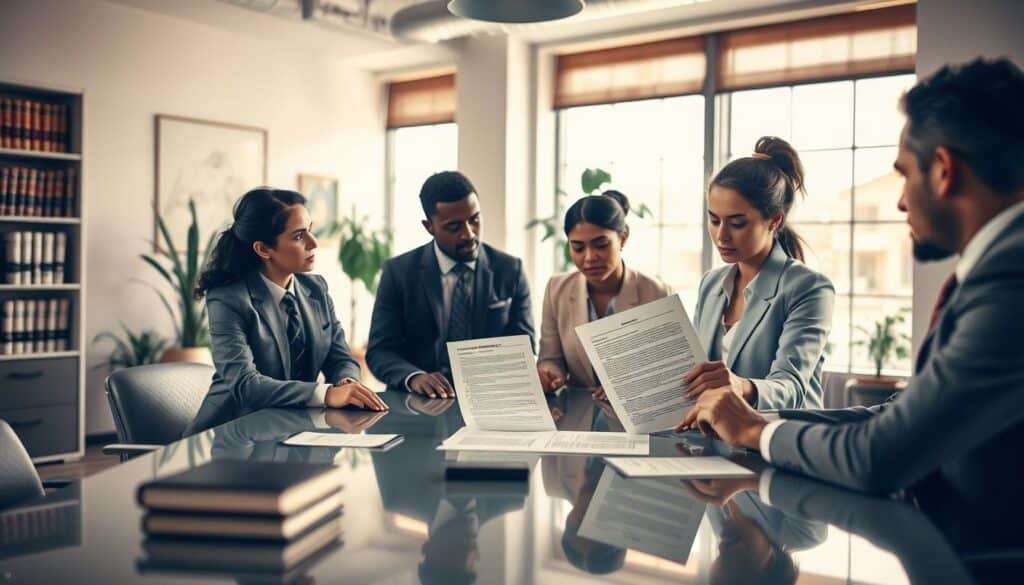 A professional business environment depicting the concept of "Rights and Risks During Termination While Sick." In the foreground, a diverse group of three professionals, dressed in business attire, engage in a serious discussion around a sleek conference table, with one person pointing at a legal document that outlines employee rights. The middle shows a soft-focus background of office elements such as shelves filled with legal books, potted plants, and large windows letting in warm natural light. The atmosphere is tense yet respectful, underscored by a muted color palette conveying professionalism. Shot with a Sony A7R IV at 70mm, ensuring sharp focus and clarity, using a polarized filter to enhance contrast and details in the scene, embodying the complexities of workplace rights during illness.