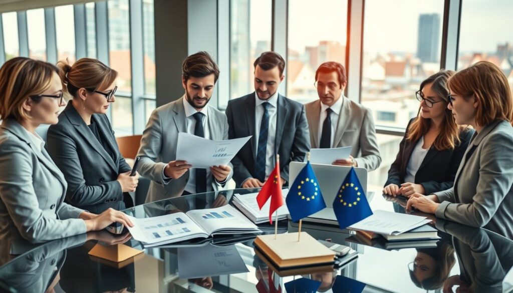 A professional business environment illustrating the concept of "Umsatzsteuerliche Behandlung von innergemeinschaftlichen Lieferungen." In the foreground, a diverse group of business professionals in smart attire engaged in a discussion, studying documents that depict charts and graphs related to intra-community deliveries and VAT regulations. In the middle, a glass table with laptops, legal textbooks, and European Union flags subtly integrated into the setting. The background features a modern office with large windows showcasing a vibrant cityscape. The lighting is bright and natural, creating an inviting atmosphere, while a polarized filter enhances clarity and contrast. Shot with a Sony A7R IV at 70mm for a sharply defined focus on the subjects, emphasizing professionalism and collaboration in a dynamic workspace.