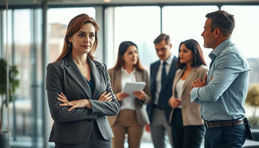A professional business environment with a diverse team of four individuals engaged in a constructive discussion. In the foreground, a confident woman, dressed in a tailored blazer and smart trousers, is gently but assertively setting boundaries, with a calm expression. In the middle, two colleagues attentively listen, one taking notes and the other nodding in understanding, while a fourth person shows a thoughtful expression, reflecting on the conversation. The background features a modern office setting with a large window allowing natural light to flood the space, creating a warm and inviting atmosphere. Shot with a Sony A7R IV at 70mm, using a polarized filter to enhance clarity and sharpness, conveying a mood of professionalism and teamwork.