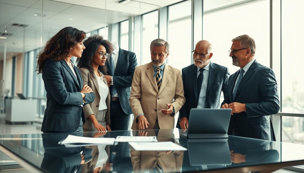 A professional business gathering in a modern office environment, showcasing diverse individuals in professional attire engaged in collaborative discussions. In the foreground, a group of three people—a man and a woman of different ethnic backgrounds, and a thoughtful older man—demonstrate exemplary behavior, emphasizing teamwork and leadership. In the middle, a glass table filled with documents and a laptop reflects their dedication. The background features a bright office with large windows, allowing natural light to flood the space, highlighting a vibrant company culture. The image is shot using a Sony A7R IV at 70mm, with a polarized filter for enhanced clarity. The overall mood is positive, inspiring, and focused on fostering a strong organizational culture.