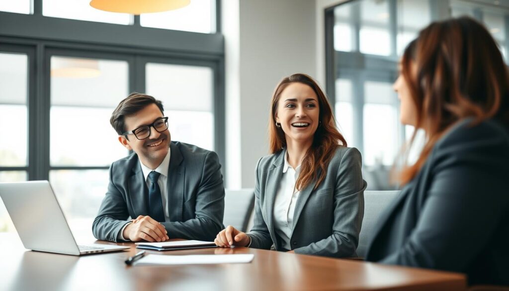 A professional business interview setting, foreground featuring two individuals engaged in a light-hearted conversation, both wearing smart business attire. One person, a middle-aged man with glasses, is smiling and leaning slightly forward, while the other, a young woman, is laughing gently, creating a relaxed and trustworthy atmosphere. In the middle ground, a modern conference table with notepads and a laptop, indicating preparation and professionalism. The background shows a bright office with large windows letting in soft, natural light, enhancing the warmth of the scene. The mood is friendly and open, suggesting the positive effects of humor in building trust during an interview. Shot on a Sony A7R IV at 70mm, clearly focused and sharply defined, with a polarized filter to reduce glare and enhance clarity. A professional business interview setting, foreground featuring two individuals engaged in a light-hearted conversation, both wearing smart business attire. One person, a middle-aged man with glasses, is smiling and leaning slightly forward, while the other, a young woman, is laughing gently, creating a relaxed and trustworthy atmosphere. In the middle ground, a modern conference table with notepads and a laptop, indicating preparation and professionalism. The background shows a bright office with large windows letting in soft, natural light, enhancing the warmth of the scene. The mood is friendly and open, suggesting the positive effects of humor in building trust during an interview. Shot on a Sony A7R IV at 70mm, clearly focused and sharply defined, with a polarized filter to reduce glare and enhance clarity.