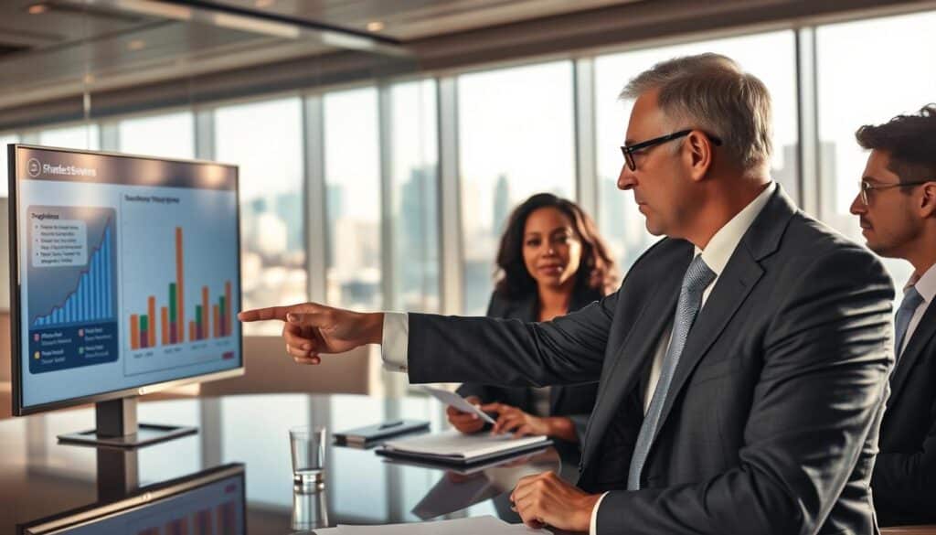 A professional business meeting in a modern conference room, with a diverse group of corporate executives discussing shareholder transparency. In the foreground, a middle-aged Caucasian man in a sharp suit points towards a detailed chart on a digital screen, showing shareholder percentages and reporting obligations. In the middle, a Black woman in professional attire takes notes, her expression attentive. In the background, large windows reveal a bustling city skyline, symbolizing the dynamic corporate environment. The lighting is bright yet soft, highlighting the seriousness of the discussion while creating an inviting atmosphere. The shot is taken with a Sony A7R IV at 70mm, ensuring a clear focus on the subjects and a softly blurred background, giving depth to the scene. A professional business meeting in a modern conference room, with a diverse group of corporate executives discussing shareholder transparency. In the foreground, a middle-aged Caucasian man in a sharp suit points towards a detailed chart on a digital screen, showing shareholder percentages and reporting obligations. In the middle, a Black woman in professional attire takes notes, her expression attentive. In the background, large windows reveal a bustling city skyline, symbolizing the dynamic corporate environment. The lighting is bright yet soft, highlighting the seriousness of the discussion while creating an inviting atmosphere. The shot is taken with a Sony A7R IV at 70mm, ensuring a clear focus on the subjects and a softly blurred background, giving depth to the scene.