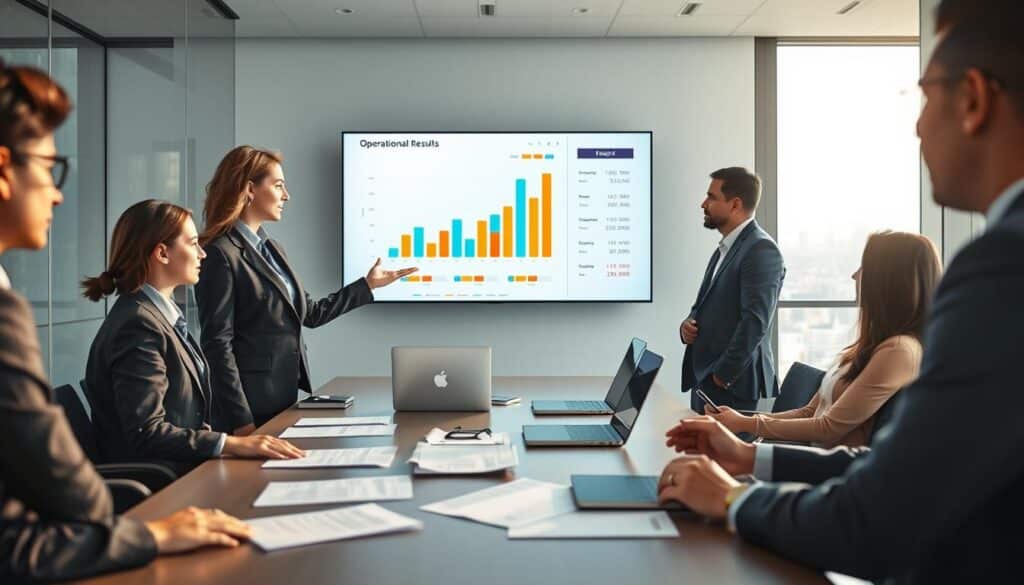 A professional business meeting in a modern conference room, with a diverse group of executives analyzing financial reports and charts displayed on a large screen. In the foreground, a confident female executive in a tailored suit gestures towards a bar graph representing operational results, while her colleagues, dressed in business attire, intently observe. The middle layer features a sleek conference table strewn with documents and laptops, highlighting collaboration. The background includes a panoramic window showing a bright city skyline, symbolizing corporate growth. Natural light floods the room, creating a vibrant atmosphere, captured with sharp focus and clarity using a Sony A7R IV at 70mm with a polarized filter, ensuring professional aesthetics and an engaging mood. A professional business meeting in a modern conference room, with a diverse group of executives analyzing financial reports and charts displayed on a large screen. In the foreground, a confident female executive in a tailored suit gestures towards a bar graph representing operational results, while her colleagues, dressed in business attire, intently observe. The middle layer features a sleek conference table strewn with documents and laptops, highlighting collaboration. The background includes a panoramic window showing a bright city skyline, symbolizing corporate growth. Natural light floods the room, creating a vibrant atmosphere, captured with sharp focus and clarity using a Sony A7R IV at 70mm with a polarized filter, ensuring professional aesthetics and an engaging mood.