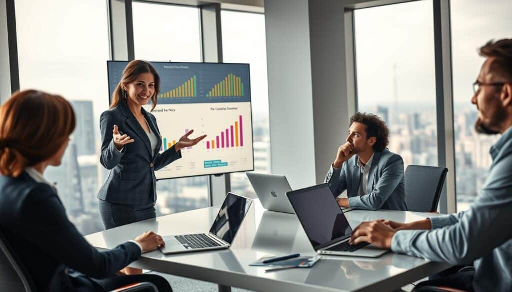 A professional business meeting in a modern office environment, featuring a diverse group of four individuals: a confident woman presenting performance metrics on a large screen, wearing smart business attire, two attentive colleagues seated at a sleek conference table with laptops open, and a thoughtful male manager taking notes. The foreground showcases the presenter gesturing towards colorful graphs and charts that highlight achievements, while the middle ground emphasizes focused expressions of the colleagues. The background reveals a panoramic city view through large windows, with natural light flooding the room. Shot on a Sony A7R IV at 70mm, the image is sharply defined with vibrant colors, evoking a mood of inspiration and determination in the pursuit of professional recognition. A professional business meeting in a modern office environment, featuring a diverse group of four individuals: a confident woman presenting performance metrics on a large screen, wearing smart business attire, two attentive colleagues seated at a sleek conference table with laptops open, and a thoughtful male manager taking notes. The foreground showcases the presenter gesturing towards colorful graphs and charts that highlight achievements, while the middle ground emphasizes focused expressions of the colleagues. The background reveals a panoramic city view through large windows, with natural light flooding the room. Shot on a Sony A7R IV at 70mm, the image is sharply defined with vibrant colors, evoking a mood of inspiration and determination in the pursuit of professional recognition.