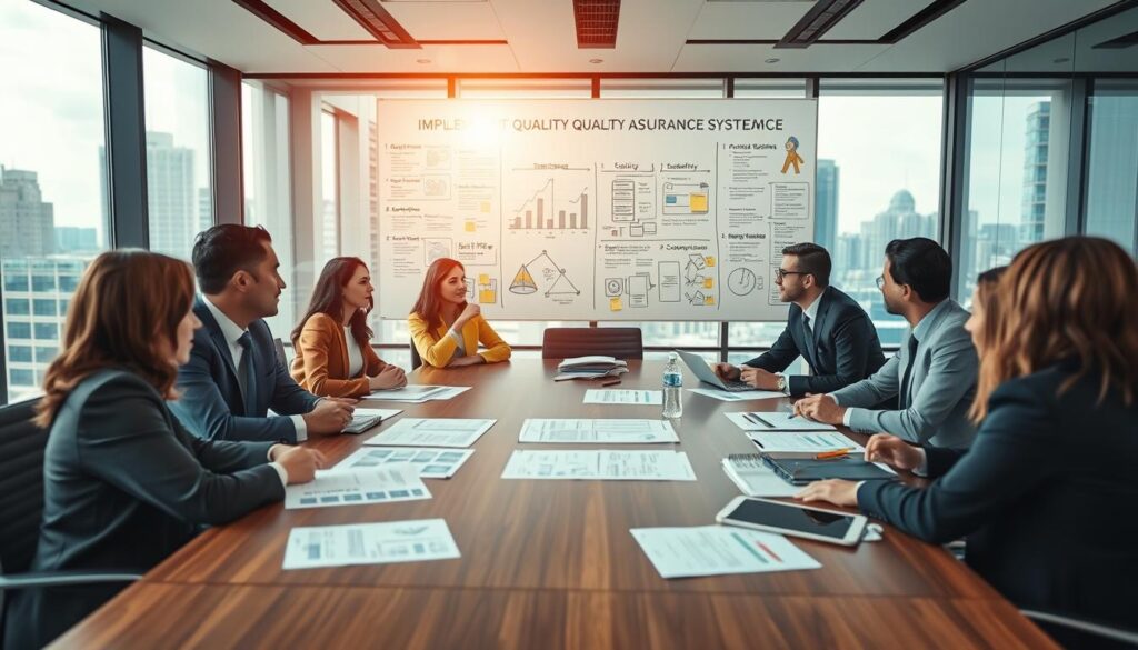 A professional business meeting in a modern office environment focused on implementing quality assurance systems. In the foreground, a diverse group of business professionals, dressed in smart business attire, actively discussing strategies around a large conference table. There are documents and charts displaying quality metrics and standards laid out in front of them. In the middle ground, a large whiteboard filled with diagrams and sticky notes outlines various quality assurance processes and frameworks. The background features glass walls with a city view, and natural light pouring in, creating a bright and inspiring atmosphere. The image should be shot with a Sony A7R IV at 70mm, clearly focused and sharply defined, with a polarized filter to enhance brightness and contrast. The overall mood should be professional, collaborative, and forward-thinking. A professional business meeting in a modern office environment focused on implementing quality assurance systems. In the foreground, a diverse group of business professionals, dressed in smart business attire, actively discussing strategies around a large conference table. There are documents and charts displaying quality metrics and standards laid out in front of them. In the middle ground, a large whiteboard filled with diagrams and sticky notes outlines various quality assurance processes and frameworks. The background features glass walls with a city view, and natural light pouring in, creating a bright and inspiring atmosphere. The image should be shot with a Sony A7R IV at 70mm, clearly focused and sharply defined, with a polarized filter to enhance brightness and contrast. The overall mood should be professional, collaborative, and forward-thinking.