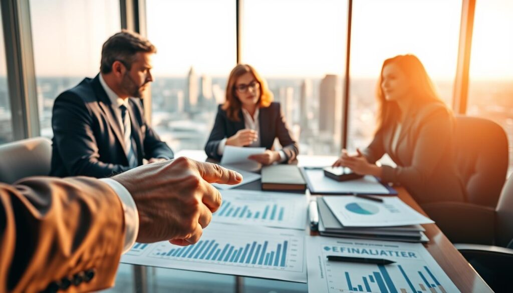 A professional business meeting in a well-lit conference room, showcasing a diverse group of four individuals in business attire, deeply engaged in discussion around a large table filled with charts, graphs, and documents illustrating financial data. In the foreground, a detailed close-up of hands pointing at a chart showing economic risks, emphasizing focus and urgency. The middle ground features the participants exchanging ideas, with expressions reflecting critical thinking and collaboration. In the background, a large window reveals a cityscape, hinting at corporate excellence. The lighting is bright and warm, creating a productive atmosphere. Shot with a Sony A7R IV at 70mm, using a polarized filter for sharp focus and definition.
