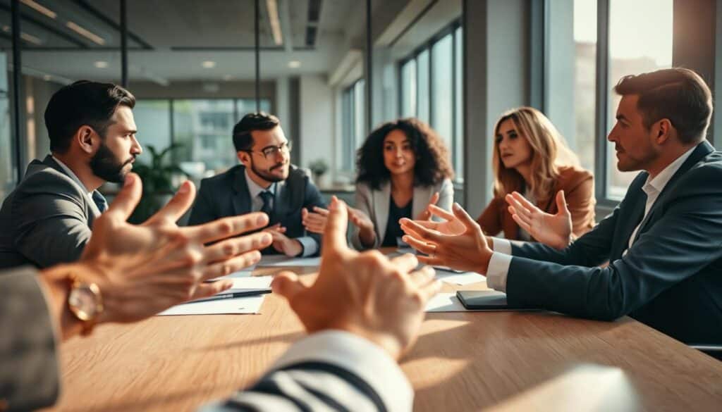 A professional business meeting in progress, showcasing a diverse group of four individuals engaged in a constructive discussion around a conference table. The foreground features a close-up of their hands gesturing expressively, emphasizing cooperation and active listening. In the middle, the people—two men and two women—are dressed in professional attire, with focused expressions while facing each other, suggesting a respectful exchange of ideas. The background includes a modern office environment with large windows allowing natural light to fill the space, creating a warm and inviting atmosphere. Shot with a Sony A7R IV at 70mm, ensuring clarity and sharpness, with a polarized filter enhancing the lighting effect. The overall mood is one of collaboration and understanding, highlighting the importance of conflict resolution skills.