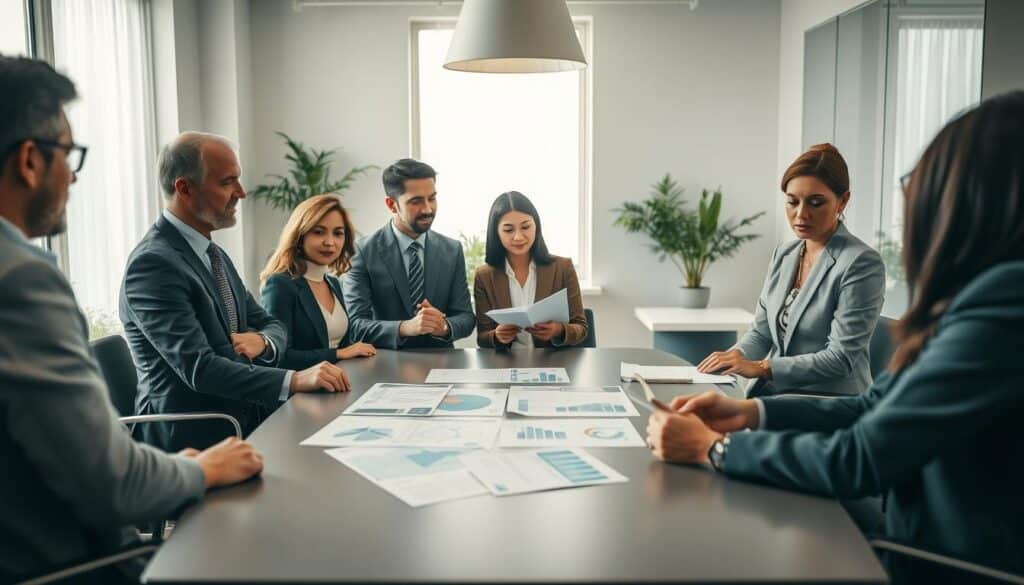 A professional business meeting room setting, thoughtfully illuminated by natural light filtering through large windows. In the foreground, a diverse group of business professionals, dressed in smart business attire, are engaged in a discussion around a sleek, modern conference table. Each person shows varying expressions of contemplation and interest as they review documents on alternative compensation models. In the middle, scattered graphs and charts on the table, showcasing different compensation strategies, emphasize the focus of their conversation. The background reveals a contemporary office ambiance with minimalistic decor and potted plants, creating a focused yet inviting atmosphere. Shot on a Sony A7R IV at 70mm with clear focus, utilizing a polarized filter for enhanced colors and contrast, capturing a sense of professionalism and collaboration. A professional business meeting room setting, thoughtfully illuminated by natural light filtering through large windows. In the foreground, a diverse group of business professionals, dressed in smart business attire, are engaged in a discussion around a sleek, modern conference table. Each person shows varying expressions of contemplation and interest as they review documents on alternative compensation models. In the middle, scattered graphs and charts on the table, showcasing different compensation strategies, emphasize the focus of their conversation. The background reveals a contemporary office ambiance with minimalistic decor and potted plants, creating a focused yet inviting atmosphere. Shot on a Sony A7R IV at 70mm with clear focus, utilizing a polarized filter for enhanced colors and contrast, capturing a sense of professionalism and collaboration.