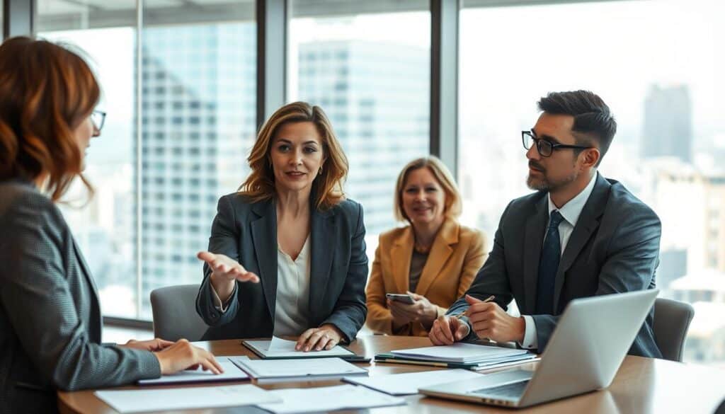 A professional business meeting scene depicting a diverse group of executives engaged in a collaborative discussion about conflict resolution. In the foreground, a middle-aged woman in a smart blazer gestures confidently, while a younger man in a tailored suit listens intently, jotting down notes. In the middle ground, a table filled with documents and laptops emphasizes a dynamic work environment. The background features a large window showcasing a bustling cityscape, symbolizing the broader context of their work. The lighting is bright and natural, creating a positive and focused atmosphere. Shot on a Sony A7R IV at 70mm with a polarized filter, ensuring sharp definition and clarity, capturing the resolve and support among leadership.